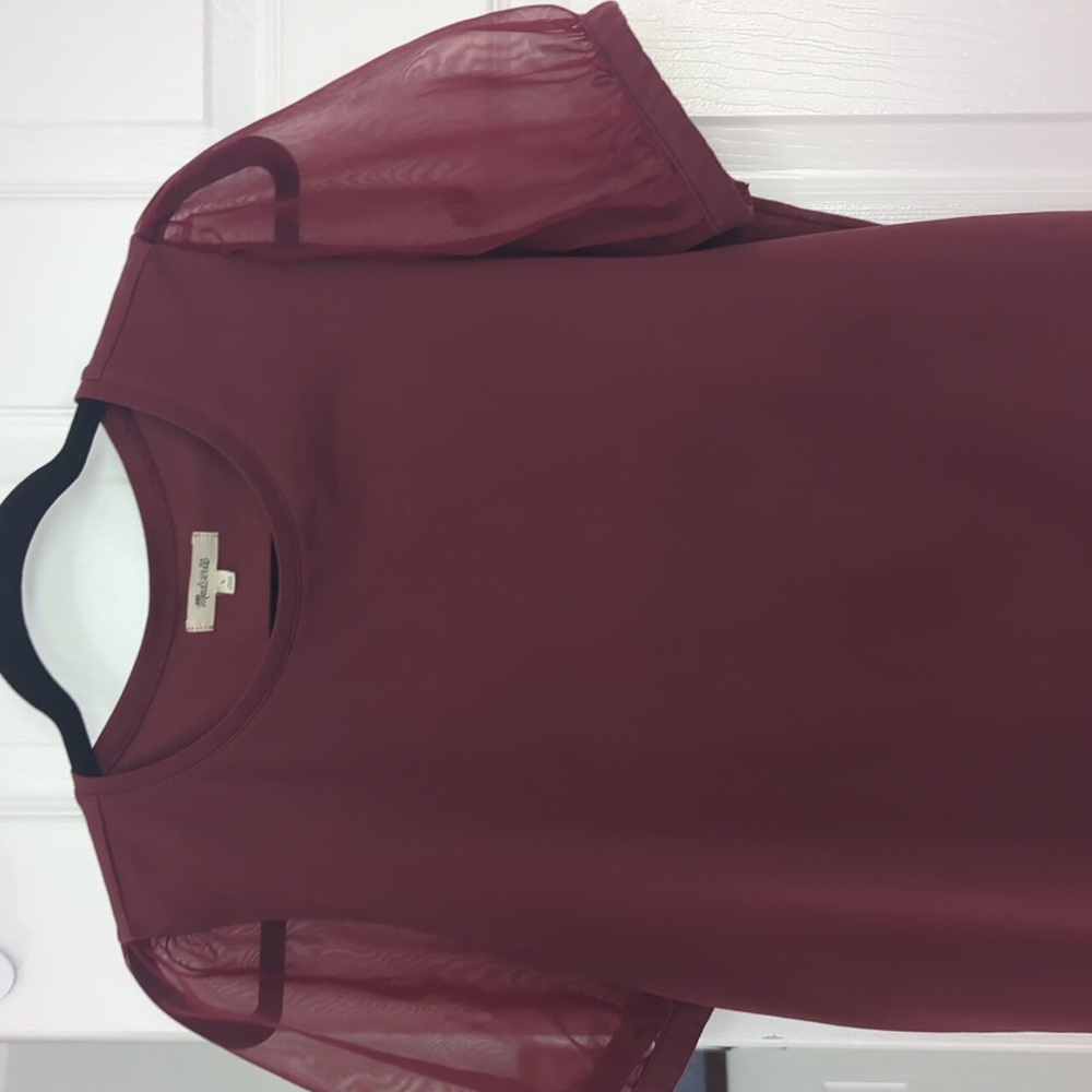 Madewell Maroon Sheer Puff Sleeve Large Top - Picture 2 of 5